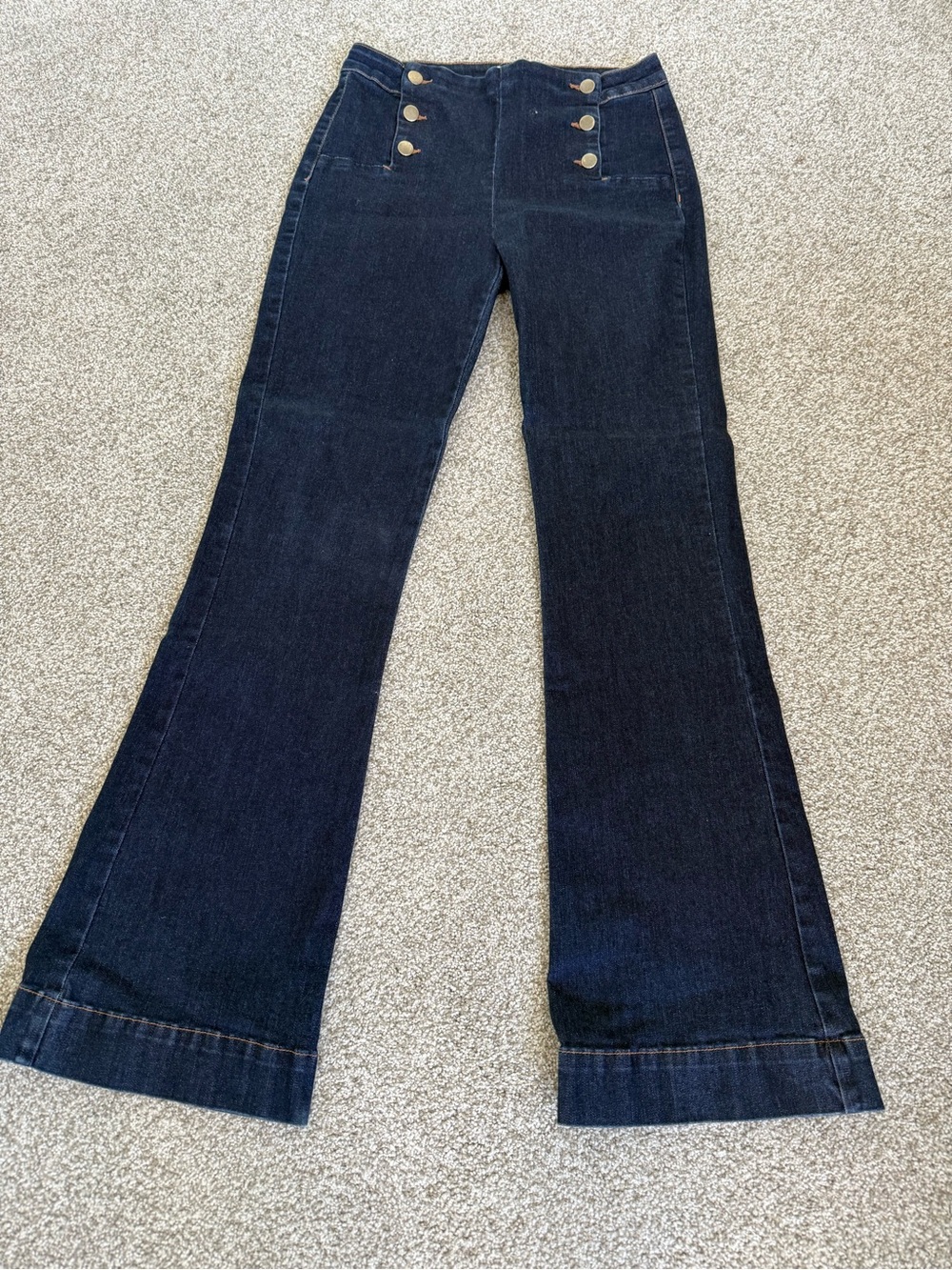 Oraije Dark Blue High-Rise Flare Jeans with Button Detail